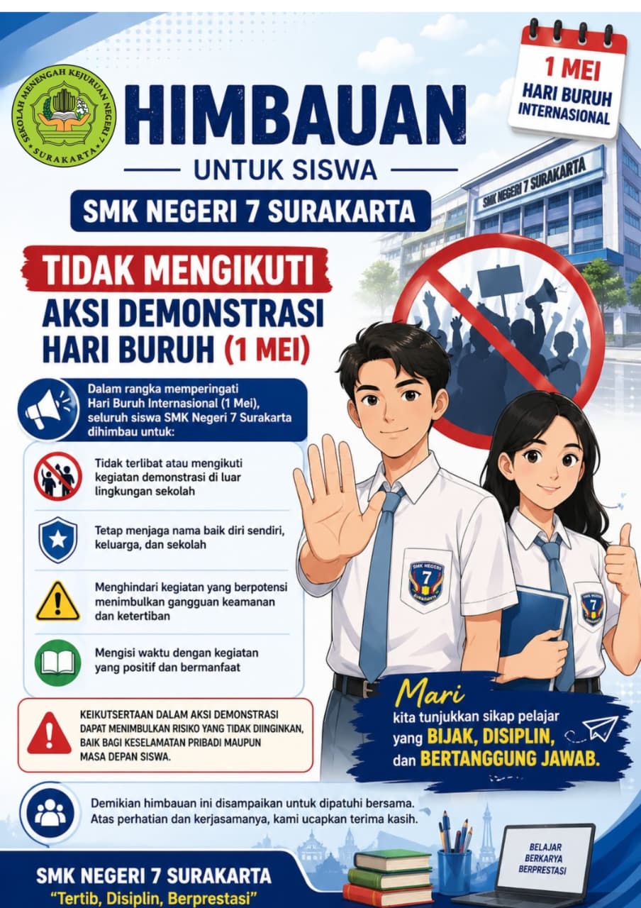 SMK Negeri 7 Surakarta Sampaikan Imbauan kepada Siswa dalam Memperingati Hari Buruh Internasional 1 Mei 2026